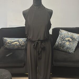 Nine West Maxi Jumpsuit. Black Halter Sequin-neck sleeveless belted stretchy